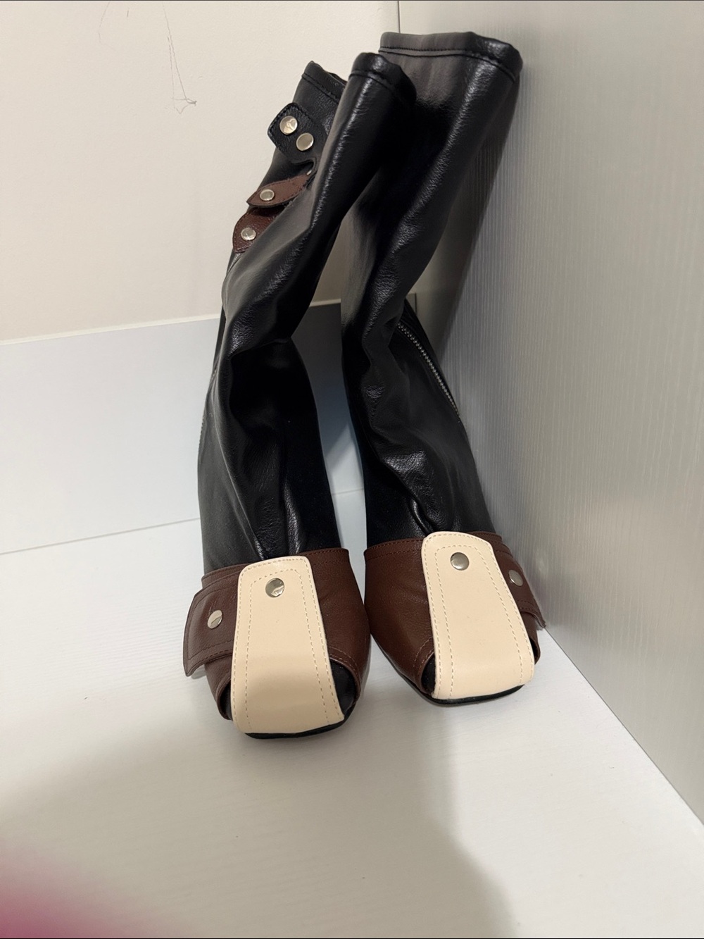 EGO Black Over-the-Knee Boots with Brown & Cream Toe Panels